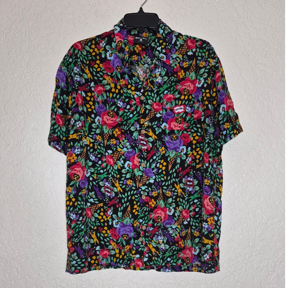 Icecream Mens Floral Ice Cream Cone Running Dog Rayon Button Down Shirt Black M